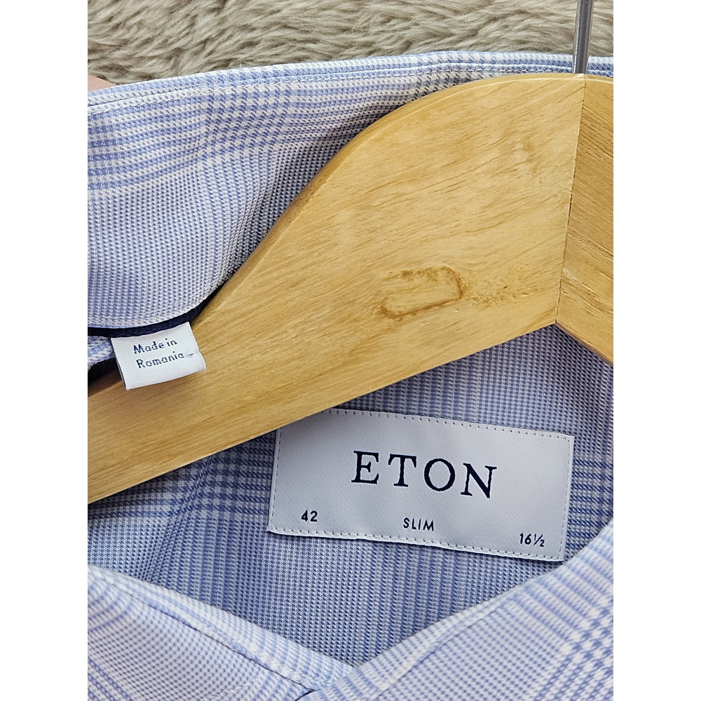 Eton Dress Shirt Slim Fit Size 42 16½ Plaid Light Blue Check Pattern - Picture 2 of 10
